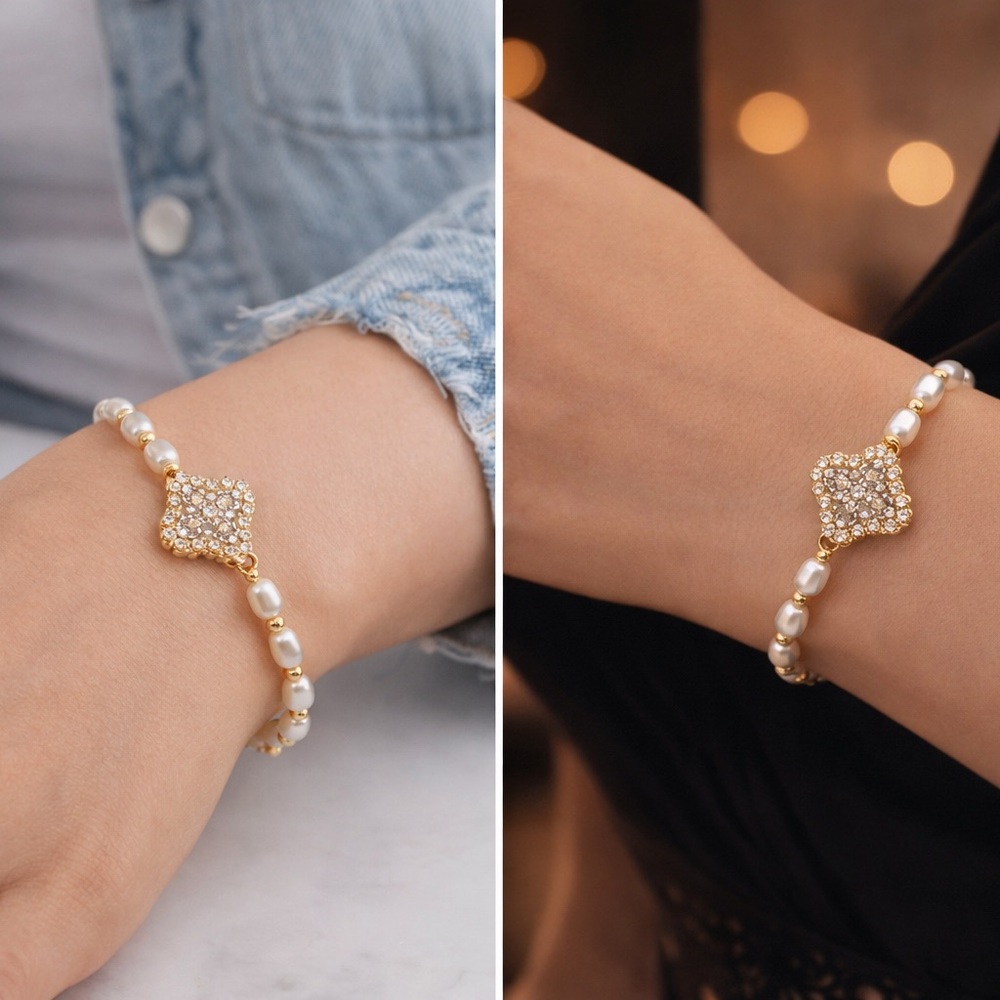 Faux Pearl Beaded Bracelet w/ Gold Clover Crystal Charm